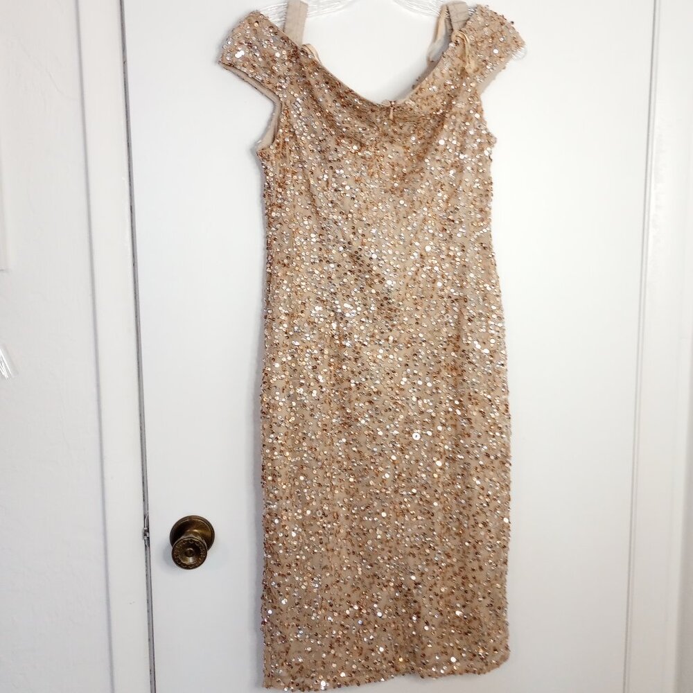 Adrianna Papell Gold Sequined Off-Shoulder Dress - Picture 9 of 13